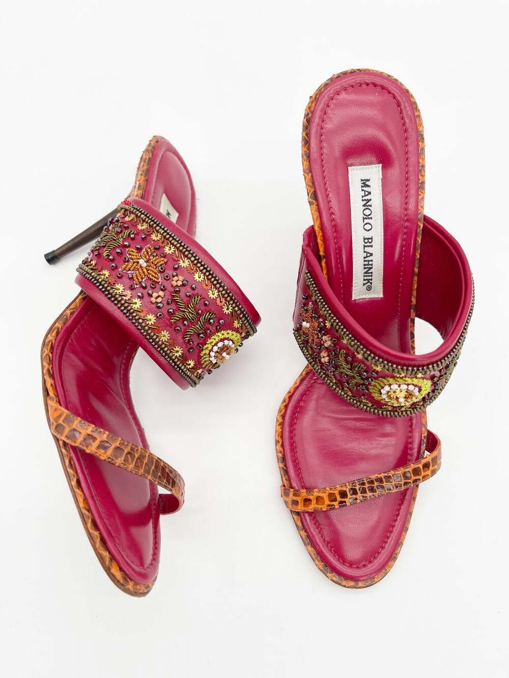 Manolo Blahnik Vintage Fuchsia Beaded Sequin Snakeskin Slide Sandals Heels IT 39